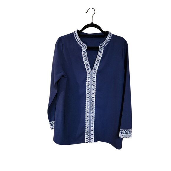 Navy Blue Embroidered Trim Tunic Top With Long Sleeves & V-Neckline - Picture 1 of 3